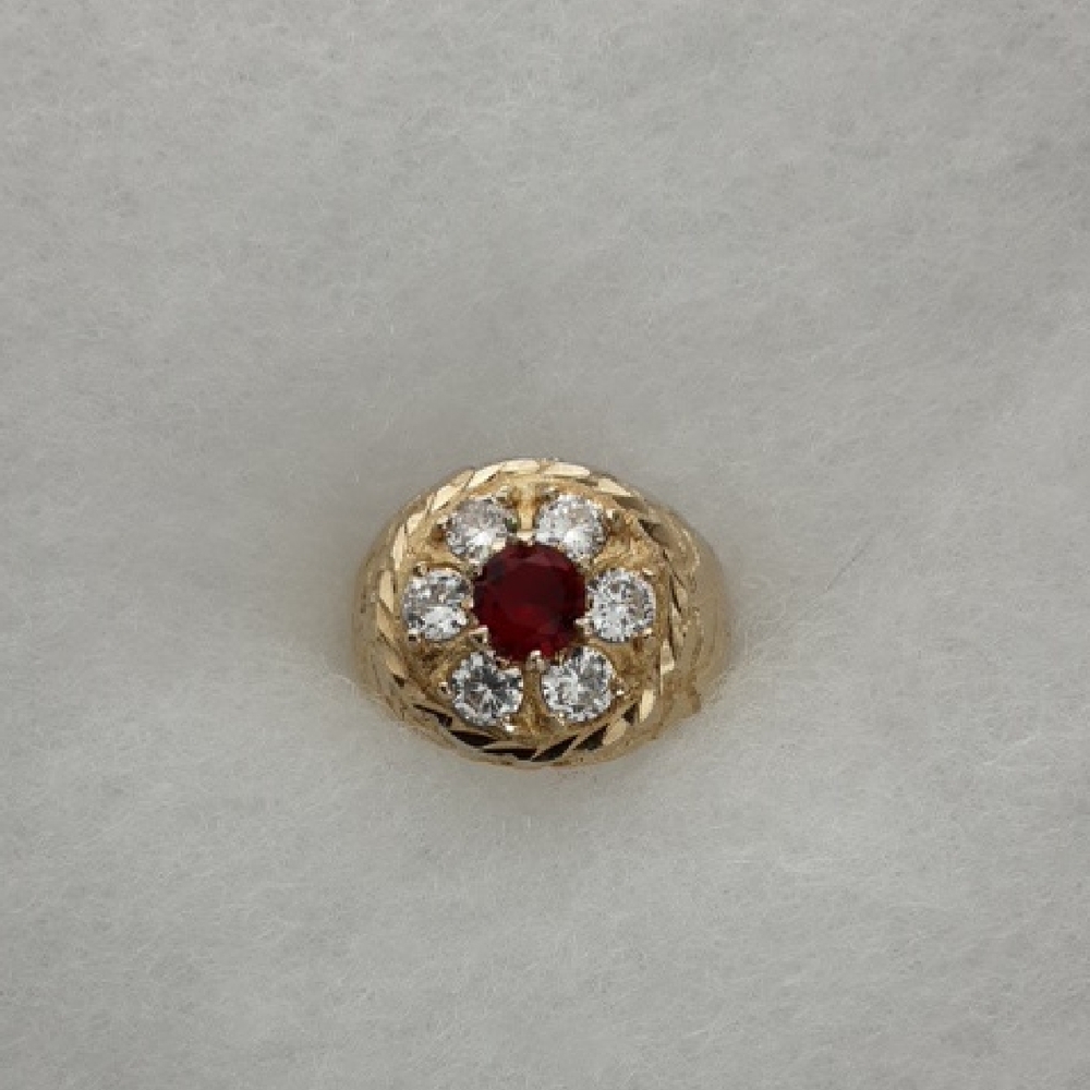 Elegant Nugget Men's Yellow Gold, Zirconian and Ruby Gemstone Ring 14K Plated.